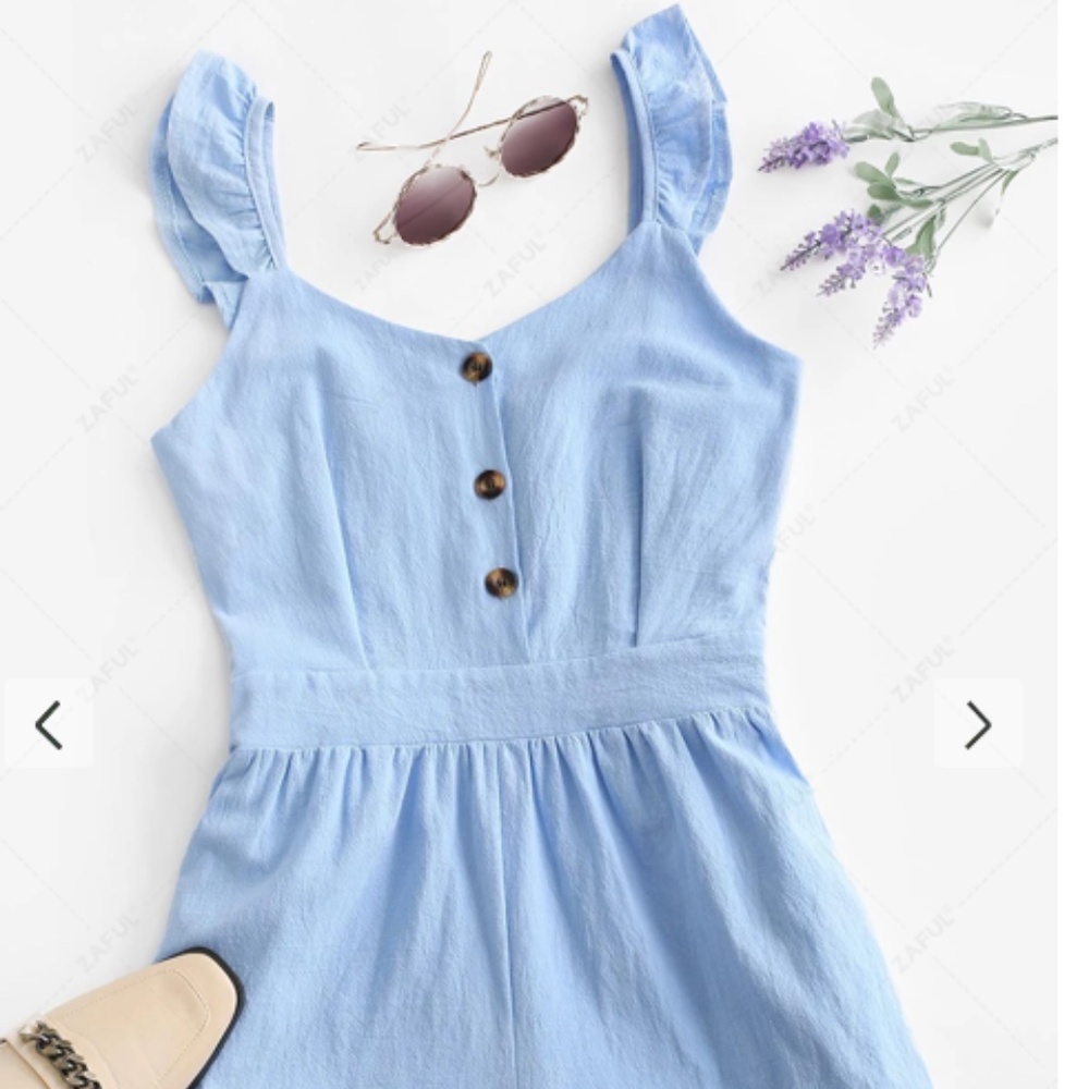 Zaful Light Blue Ruffle Strap Romper with Button Front